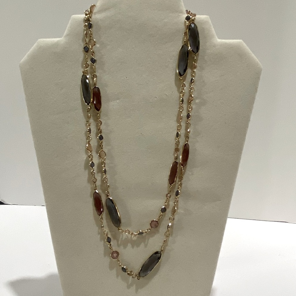 Vintage Anne Klein Gold Tone 42" Chain Necklace Pink & Blue Glass Stones